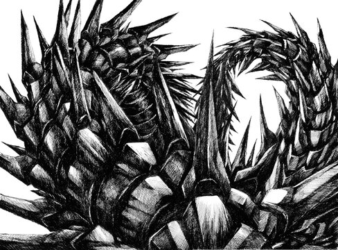 Detailed biomechanical dragon creature ink illustration, dark fantasy serpent monster line art, aggressive sharp metal teeth and scales design