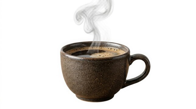 Steaming hot black coffee in a rustic textured ceramic cup isolated on white background.