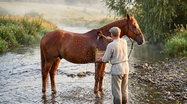 Day of the Horse Florus and Laurus tradition with farmer washing chestnut horse in river, symbolic rural animal care and summer ritual