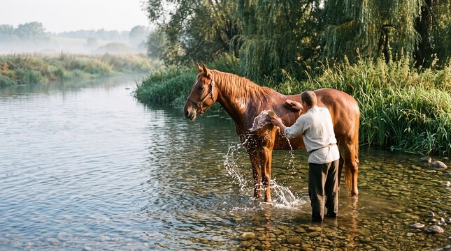 Day of the Horse Florus and Laurus rural tradition with man bathing and brushing chestnut horse in shallow river surrounded by summer greenery