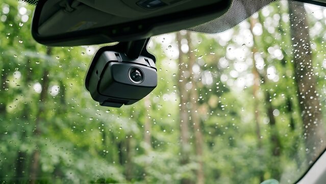 Dash cam mounted on a car windshield on a rainy day with green forest background