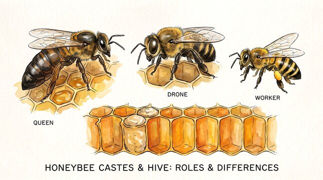 Vintage honeybee castes and hive roles illustration, queen drone and worker bee diagram, educational apiary science poster