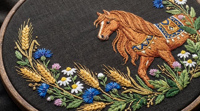 Day of the Horse Florus and Laurus detailed folk embroidery of chestnut horse surrounded by wheat, cornflowers and daisies on black fabric