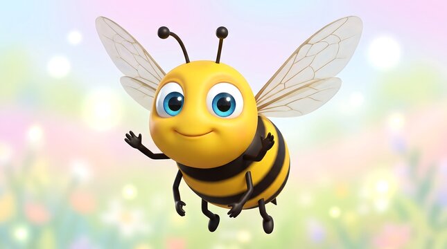 Cute honey bee character flying in spring garden. Friendly bumblebee 3D illustration. Happy insect mascot for kids education.