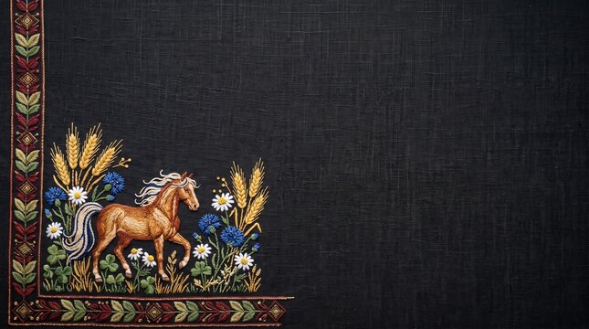 Day of the Horse Florus and Laurus folk embroidery with horse, wheat and meadow flowers on black textile background with spacious copy space