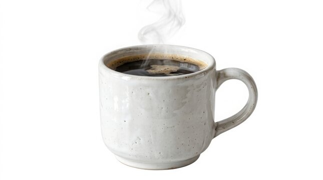 Steaming hot black coffee in a rustic white ceramic mug isolated on a white background