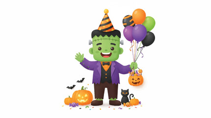 Fototapeta premium Cartoon Frankenstein Character Celebrating Halloween With Balloons and Pumpkins.
