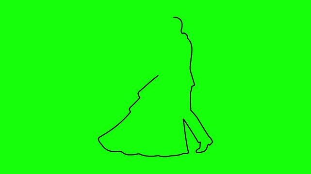 Minimalist hand drawn line art animation of wedding couple dancing on chroma key green screen.
