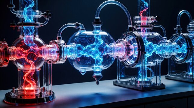 Modern scientific apparatus glows with blue, red energy in lab. Complex glass equipment contains swirling plasma, bright electric currents. High tech research device shows advanced physics experiment