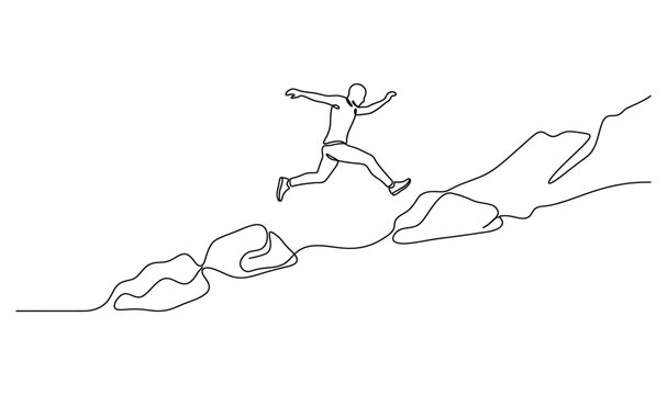 Continuous line drawing of a person jumping over mountain rocks.