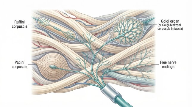This shows the structure of mechanoreceptors in fascia connective tissue. Various receptors and their connections are illustrated clearly.