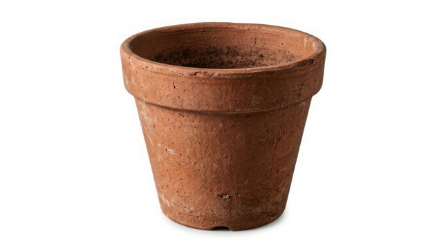Empty terracotta flower pot isolated on white background for gardening and home decor