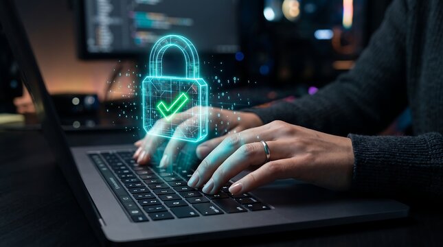 Hands typing on laptop with digital security lock overlay protection