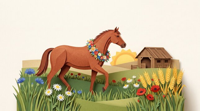 Day of the Horse Florus and Laurus countryside paper cut scene with running brown horse, flower garland, wheat, poppies and rustic barn