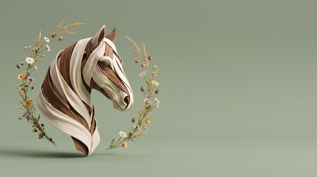 Day of the Horse Florus and Laurus artistic equine portrait made from flowing fabric surrounded by delicate wildflowers on sage green background