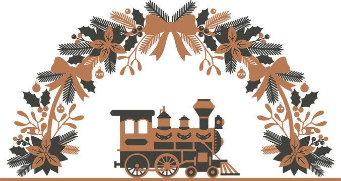 Vintage steam locomotive train framed by a beautiful decorative floral arch with ribbons and leaves on a white background