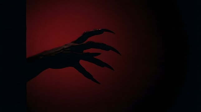 Silhouette of a creepy monster hand with long sharp claws reaching out against a dark red background