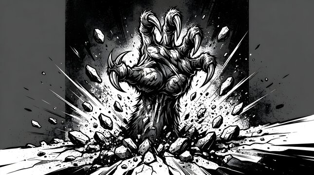 Black and white comic book style illustration of a monster hand bursting through the ground with debris flying