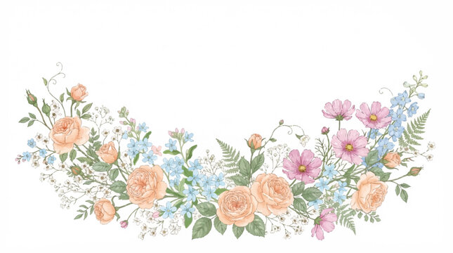 Soft pastel floral bouquet with peach and pink blossoms and watercolor accents.