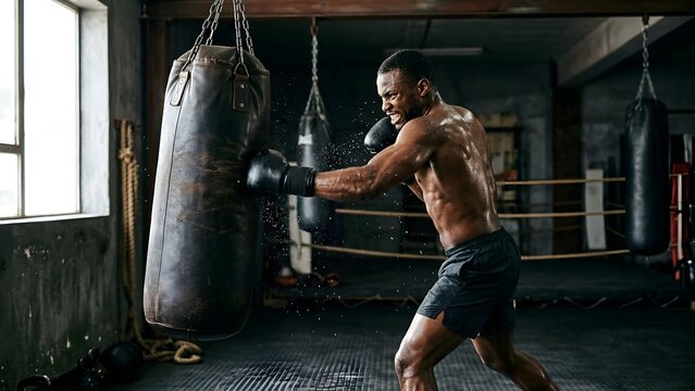 Young athletic boxer training hard by punching a heavy bag in a dimly lit gym, sweat dripping from his body