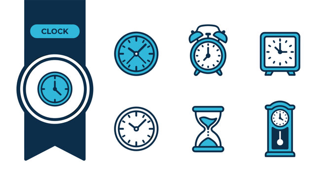 clock icon set, six flat vector variations, navy blue ribbon badge design, isolated on white background, ideal for time, schedule and office themes, icon set, icons, pack, vector, design