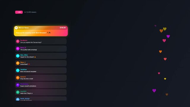 Modern Dark Mode User Interface Design for a Messaging Application with Colorful Heart Icons and Gradient Elements