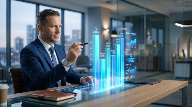 Business professional analyzing data visualization in a modern office environment