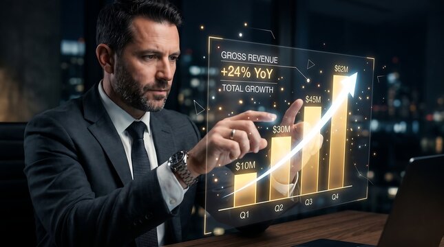 Businessman analyzing data projections from a tablet in modern office