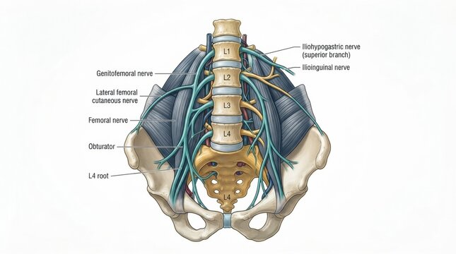 Diagram shows anatomy of peripheral nerves including nerve plexus and dermatome in the lumbar region. It is used for study in neurology.