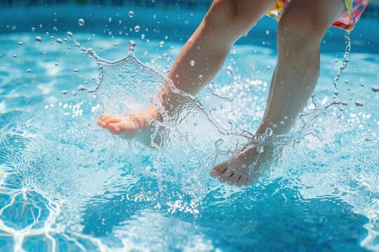 Child feet splashing in clear blue swimming pool water creating water splashes and drops. Summertime fun at outdoor resort, refreshing activity during hot sunny day.