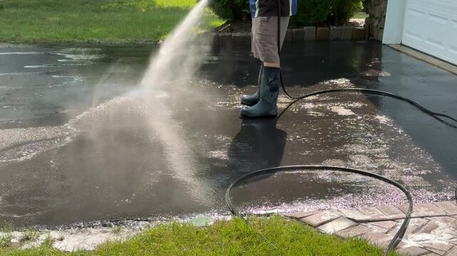 Title: Handyman wearing heavy rubber boots power washing asphalt driveway