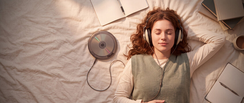 Young college school girl listening music on portable CD player in vintage headphones on sunlit bed taking study break, campus lifestyle