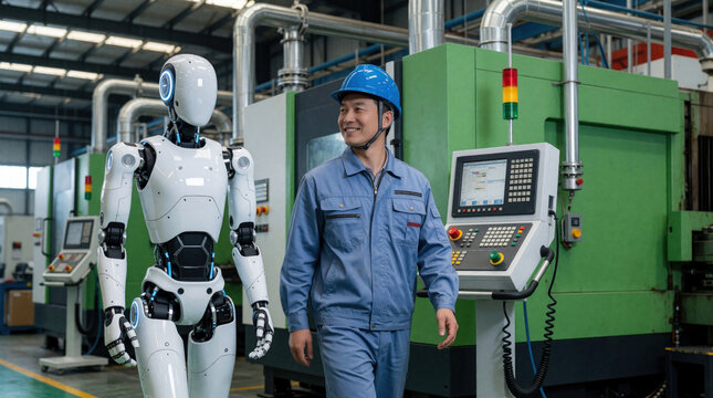 Humanoid robot walks alongside male factory worker in modern smart manufacturing plant. Industrial technician in blue uniform, hard hat smiles at advanced white android. Future tech concept shows