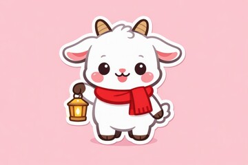 Fototapeta premium Cute cartoon goat with red scarf holding a lantern on pink background for christmas sticker background and children's poster design