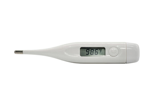 A standard white digital medical thermometer showing a reading of 98.6 degrees fahrenheit, isolated on a plain black background, for health
