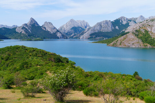 Riano reservoir and mountains in Leon Spain