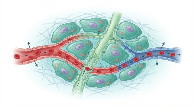 The lymphatic system with lymph nodes and vessels. It highlights the capillary structure integral to immune drainage.