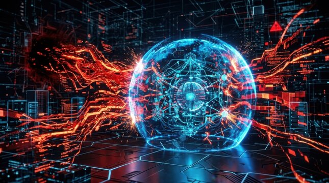 Cyber attack on digital data sphere with glowing red energy and blue firewall protection