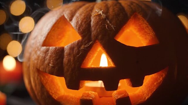Glowing carved pumpkin jack-o-lantern displays flickering candle light and rising smoke in this spooky holiday horror season animation video clip for festive autumn harvest evening themes.