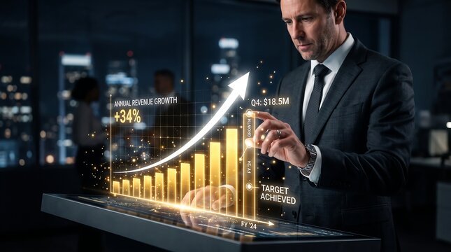 Business professional analyzing financial data with rising graph overlay in cityscape