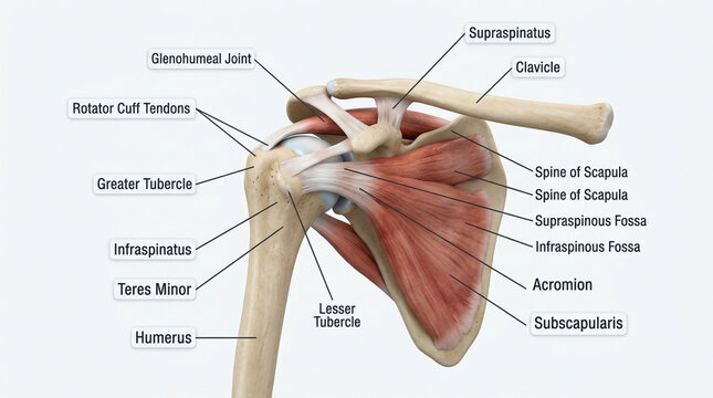 Human Shoulder Anatomy Diagram with Rotator Cuff Muscles and Bone Labels for Medical Education