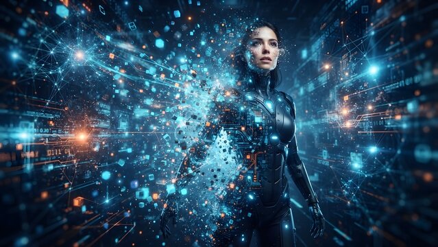 Futuristic woman dissolving into digital data streams and circuits, representing AI and technology.