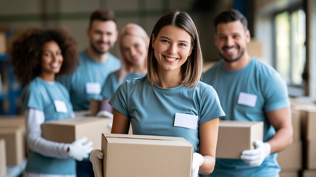 Diverse volunteers standing together in a donation warehouse while packing boxes, community service, charity work, humanitarian aid, teamwork, global solidarity, International Day
