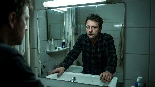 Middle-aged man looking at his reflection in a grimy bathroom mirror, appearing troubled and weary