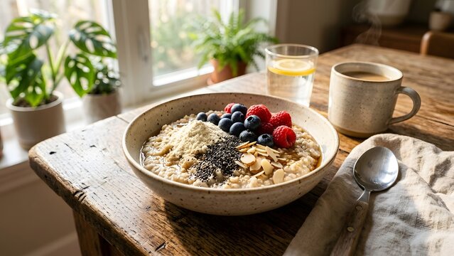 Healthy breakfast bowl of oatmeal with fresh berries, chia seeds, and almonds, served with coffee.