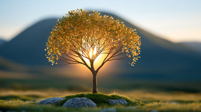 Golden tree glowing against a peaceful scenic landscape with an International Day of Charity message, generosity, hope, community, environmental care, philanthropy, inspirational