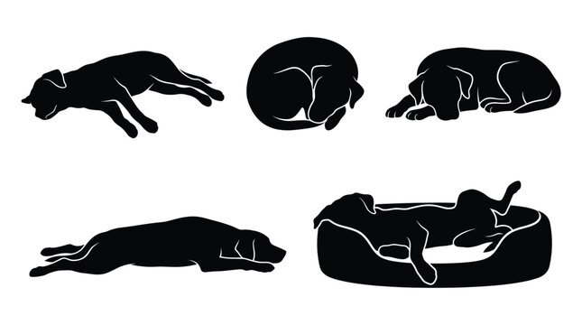 Set of black silhouettes of dogs in various resting positions including sleeping, lying down, and curled up in a bed