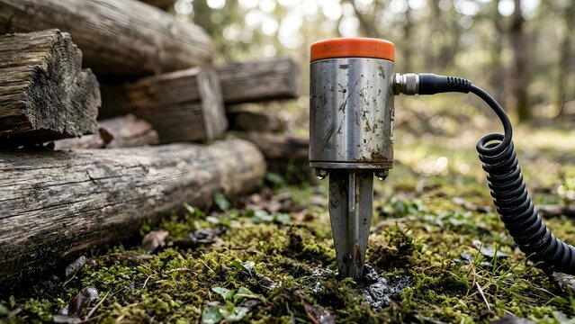 A scientific sensor device for environmental monitoring is staked into the mossy ground next to weathered logs in a forest.