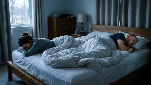 Couple sleeping back to back in bed, feeling distant and disconnected