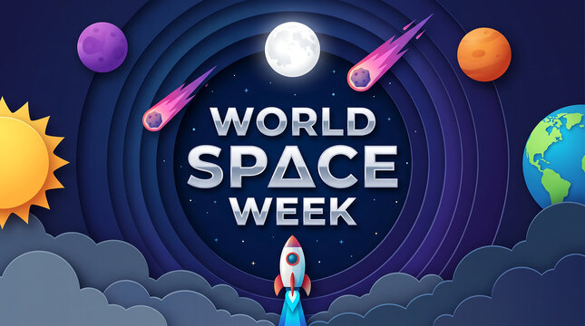 World Space Week banner with planets, moon, Earth, sun, meteors, rocket launching, starry night sky background.